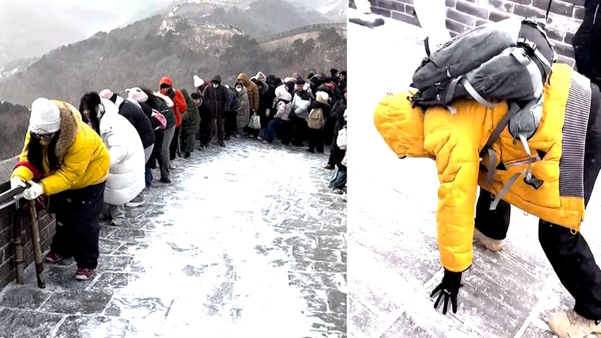 Sníh a led proměnily Velkou čínskou zeď v obří klouzačku