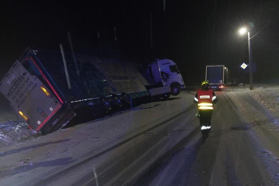 Na Vysočině uvíznul v příkopu kamion s dobytkem