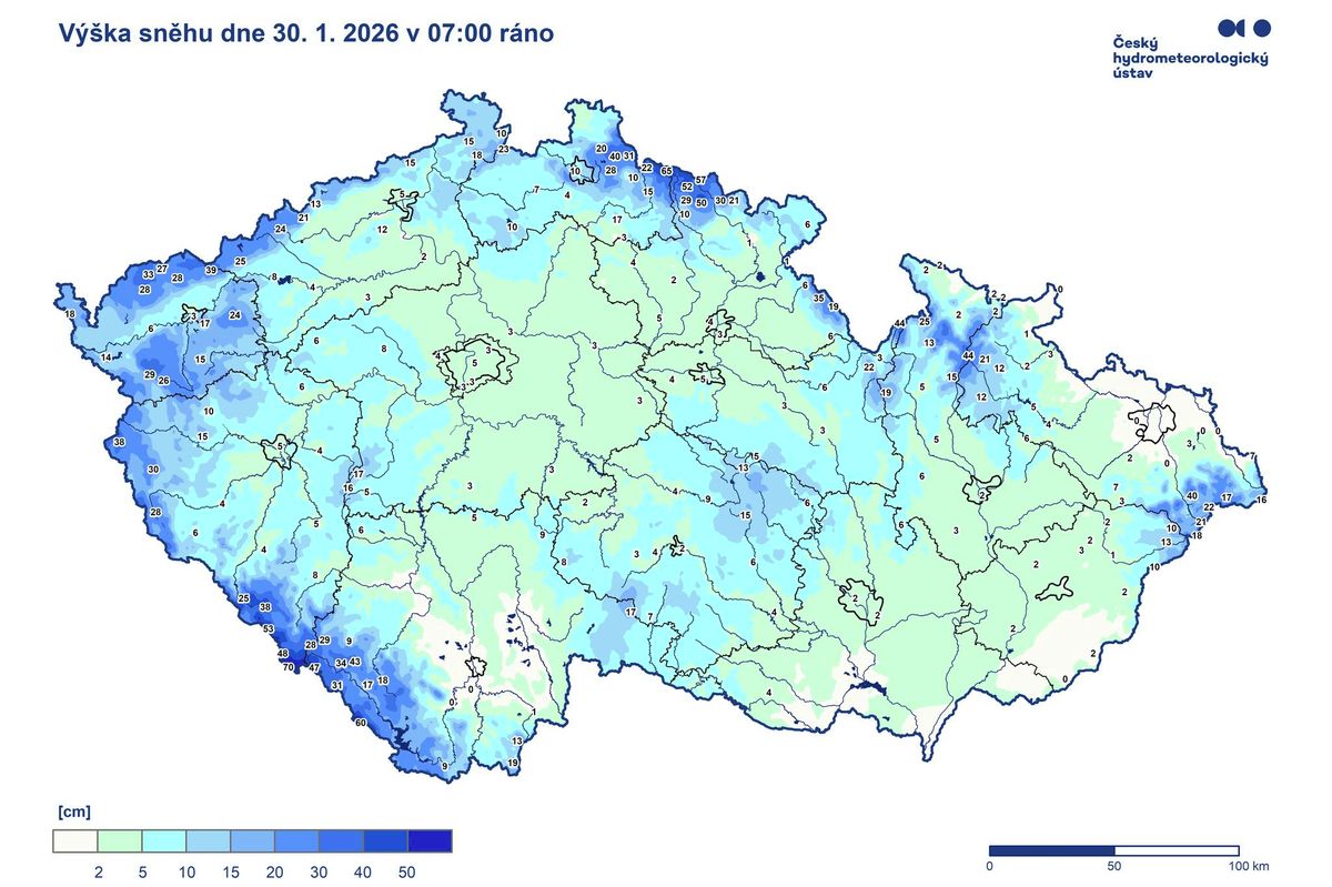 Většinu Česka pokryl sníh. Na horách je ho málo