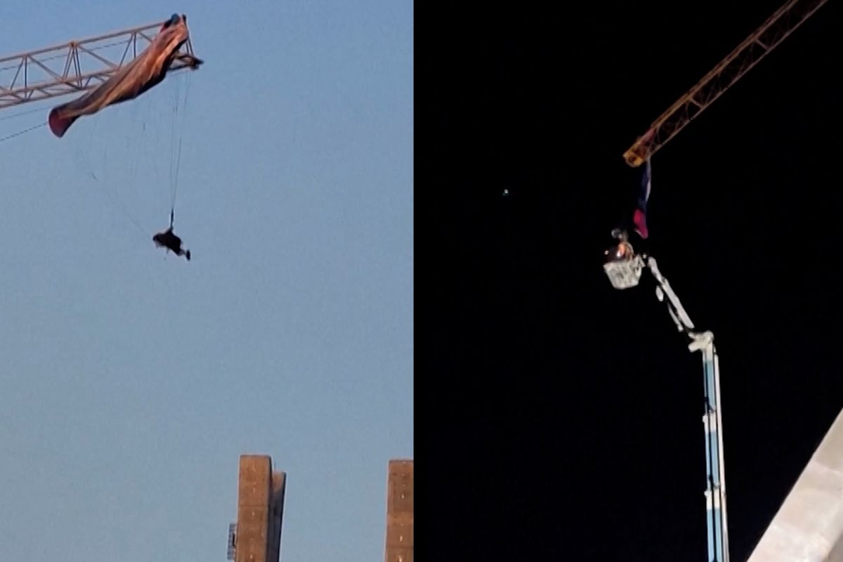 Paraglidista zůstal viset na 60metrovém jeřábu, na záchranu čekal do noci