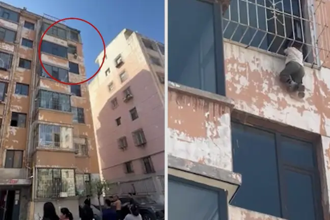Šestiletý chlapec v Číně visel za hlavu v šestém patře