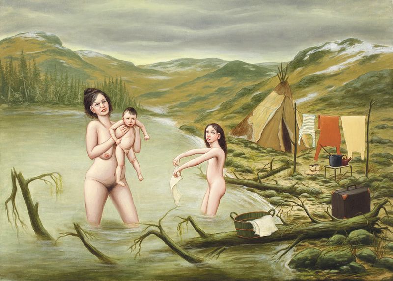 Ženy koupající dítko, olej na plátně 