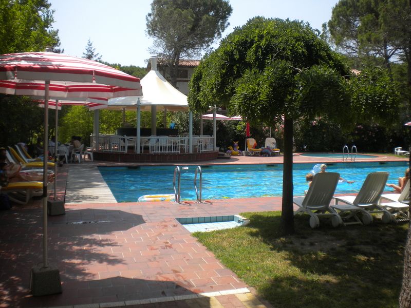Bazén v zeleni, mezi rozkvetlými keři se slunečníky a lehátky je příjemným místem k odpočinku i osvěžení.