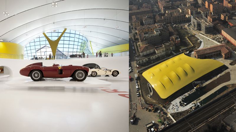 Enzo Ferrari Muzeum mezi ostatními budovami rozhodně vyniká.