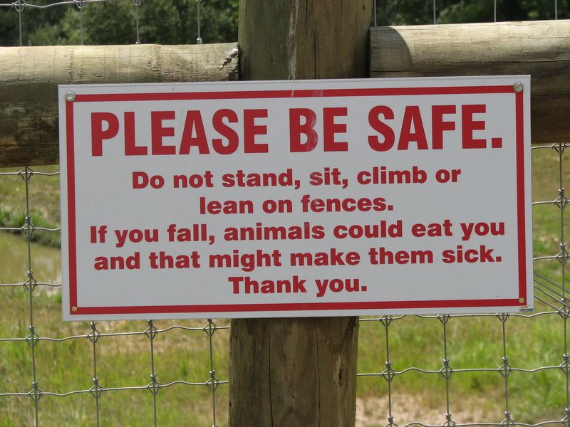Prosím, buďte opatrní. Na plotě nestůjte, neseďte, nelezte a nenahýbejte se přes něj. Jestliže upadnete, zvířata by vás mohla sníst, což jim může způsobit zdravotní problémy. Děkujeme.