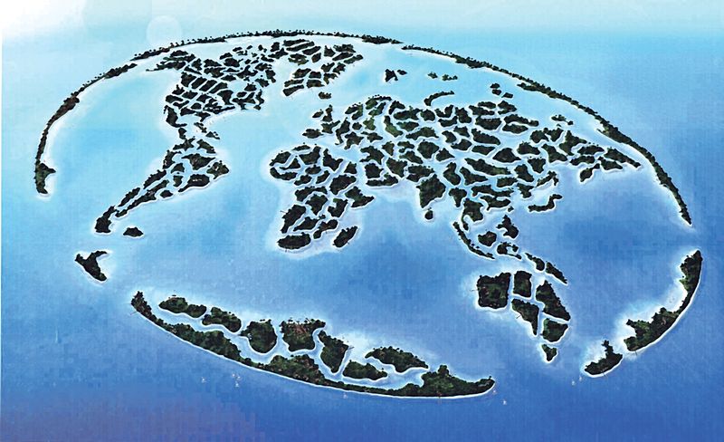 Tři stovky umělých ostrůvků jsou poskládány tak, aby ztvárnily kontinenty Země, jak je známe ze školních map. 
