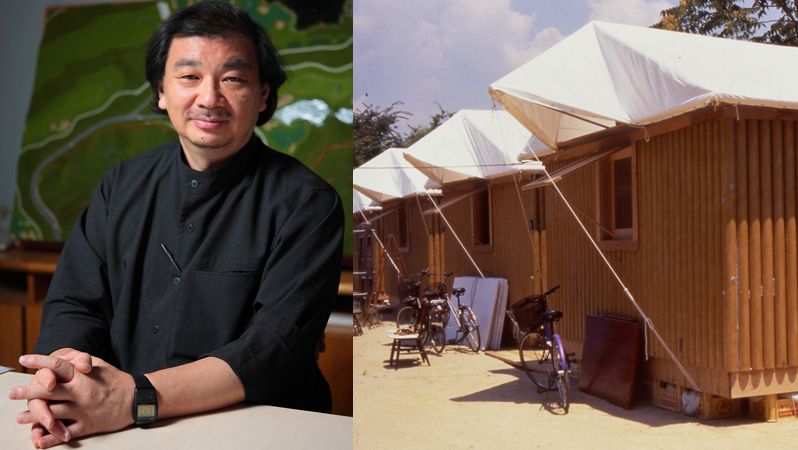 Architekt Shigeru Ban a chatky, které navrhl pro Kobe v Japonsku v roce 1995.