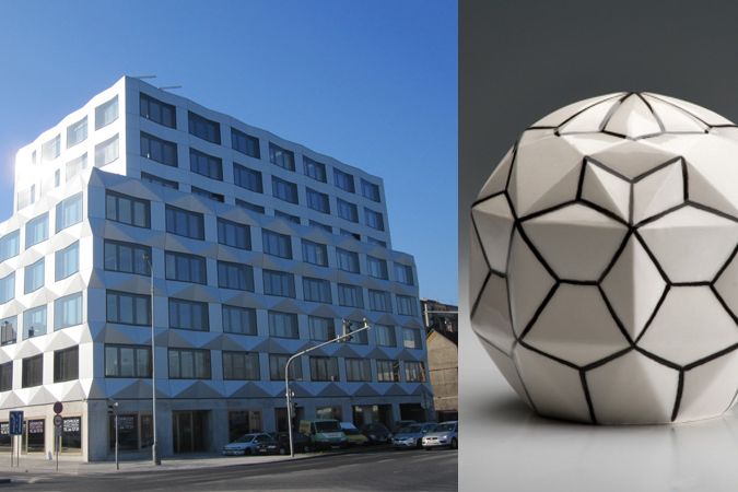 Zleva: budova Keystone developera Karlín Group, vpravo: možná inspirace: elegantní těžítko od Pavlíny Lubomírské (Galerie Kubista).