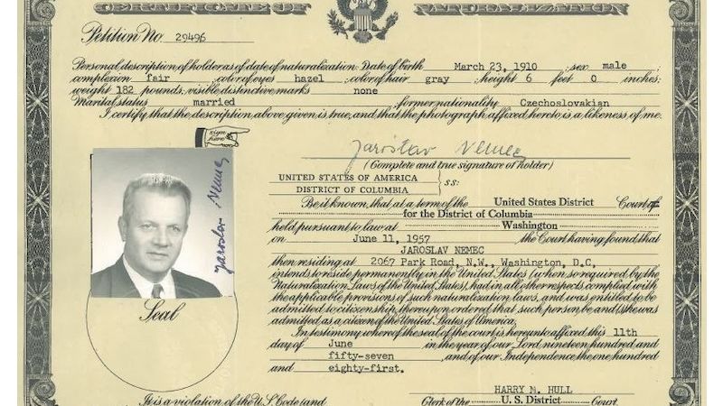 Doklad o získání amerického občanství Jaroslava Němce