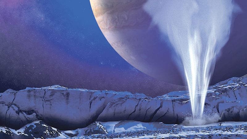 Animace fontány tryskající vodní páru na povrchu Jupiterova měsíce Europa