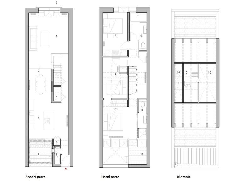 1 - vstup, 2 - jídelna, 3 - spíž, 4 - kuchyň, 5 - úložný prostor, 6 - toaleta, 7 - balkón, 8 - soukromá terasa, 9 - koupelna, 10 - hlavní ložnice, 11 - koupelna, 12 - druhá ložnice, 13 - třetí ložnice, 14 - balkón, 15 - studovna, 16 - volný prostor