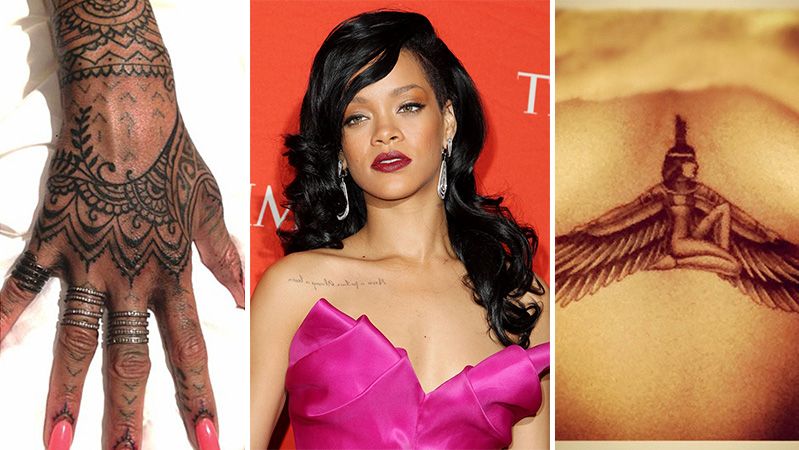 I zpěvačka Rihanna podlehla trendu potetovaného těla a na svém těle jich má údajně devatenáct. Mezi nejvýraznější patří potetovaná pravá ruka, tetování si přivezla z Nového Zélandu. Za zmínku také stojí egyptská bohyně s křídly, umístěná pod ňadry.