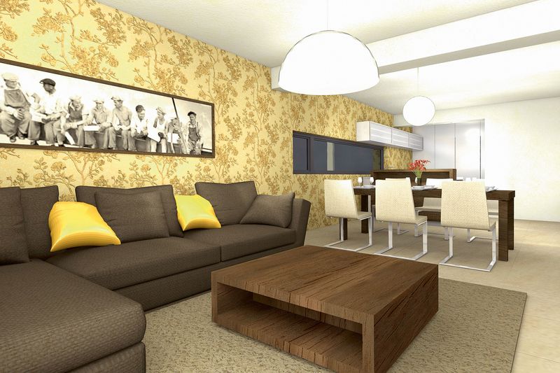 Pohled do obývacího pokoje volně propojeného s jídelnou a kuchyní. Z návrhu je patrné nejen rozmístění nábytku, barevné kombinace, ale i zamýšlený materiál.