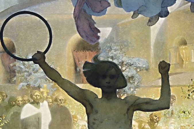 Alfons Mucha rád s malbou experimentoval: na obraze Zavedení slovanské liturgie je mladík v popředí výrazně potemnělý, zatímco postavy v pozadí jsou téměř přesvětlené.