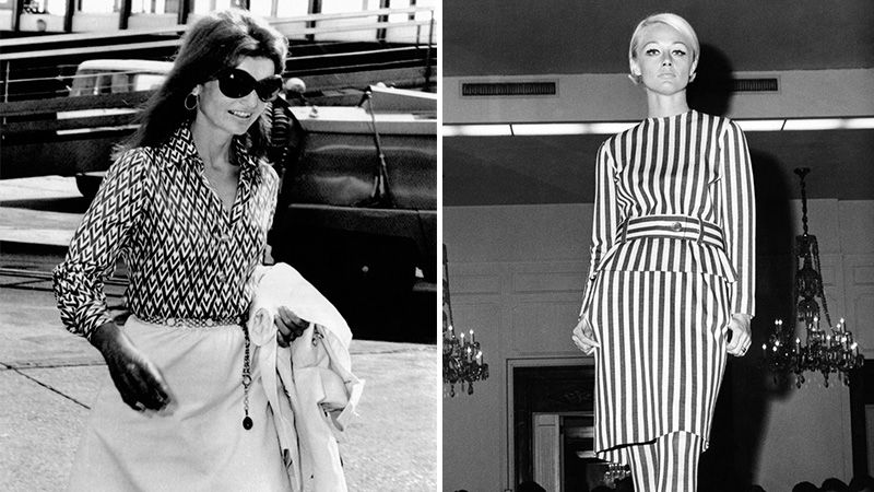 Jackie Kennedyová Onasissová v roce 1970, druhý obrázek z módní přehlídky roku 1964