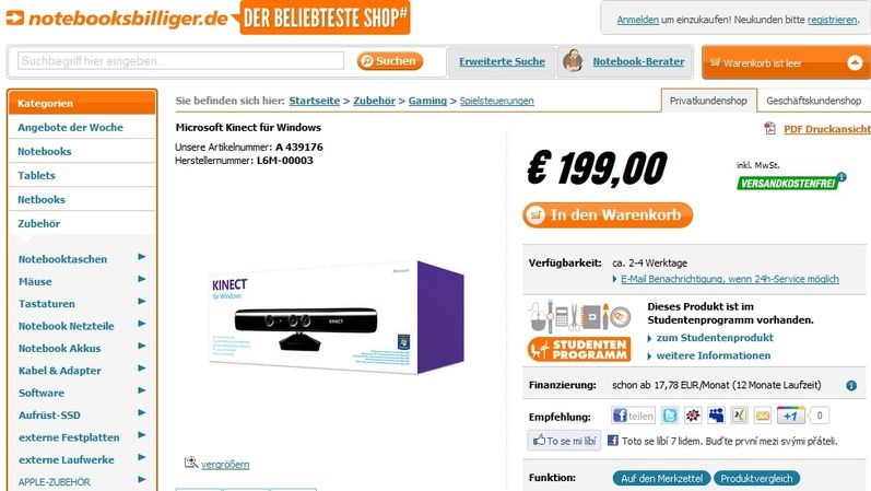 Nabídka Kinectu pro Windows v německém obchodě.