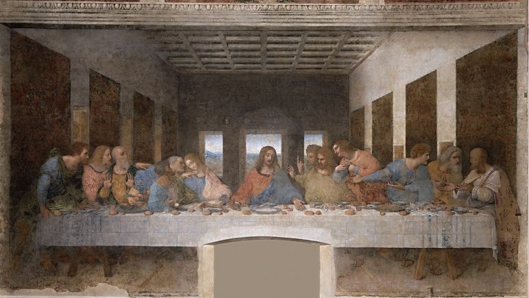 Leonardo da Vinci a jeho Poslední večeře Páně v refektáři kláštera Santa Maria delle Grazie v Miláně. 