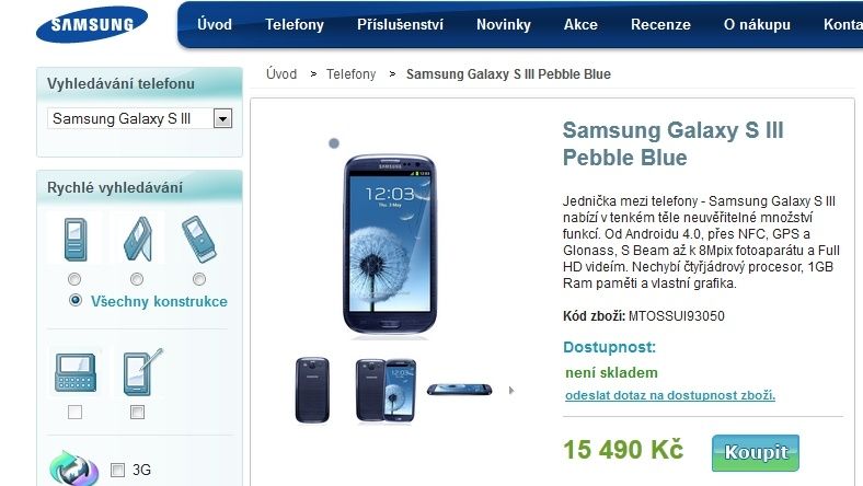 Nabídka chytrého telefonu Samsung Galaxy S III v oficiálním internetovém obchodě výrobce.