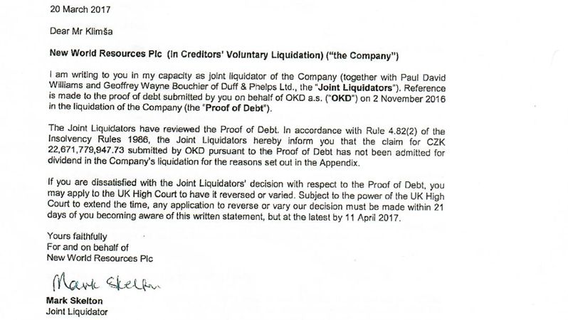 Dopis londýnské právní firmy Duff & Phelps, likvidátora NWR 