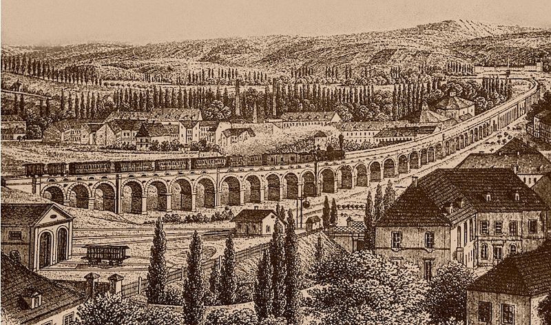 Viadukt byl s velkou slávou zprovozněn 1. června 1850. Zde je faksimile tehdejšího leptu Josefa Rybičky dle předlohy Karla Brantla z roku 1854.