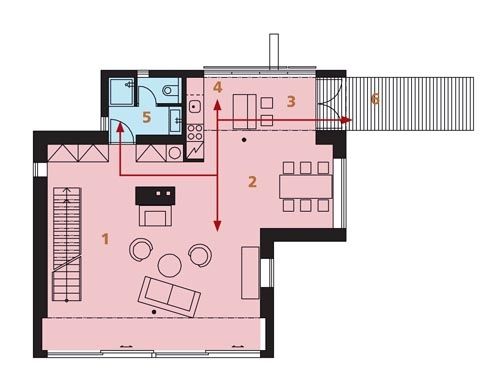 Půdorys přízemí: 1) obývací pokoj 2) jídelna 3) výstup na zahradu 4) kuchyň 5) koupelna + WC 6) terasa