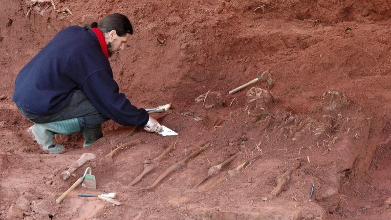 Archeologové odkrývají kosterní pozůstatky v centru Rudníku.