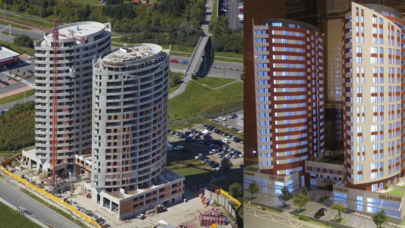 Vldevo: současný stav stavby, vpravo: takto má stavba vypadat po dokončení.
