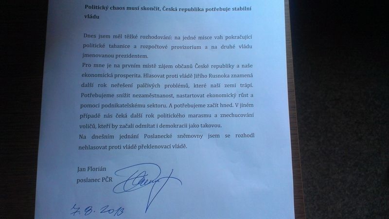 Prohlášení poslance ODS Jana Floriána 