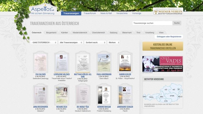 Internetové stránky rakouské pohřební služby Aspetos 