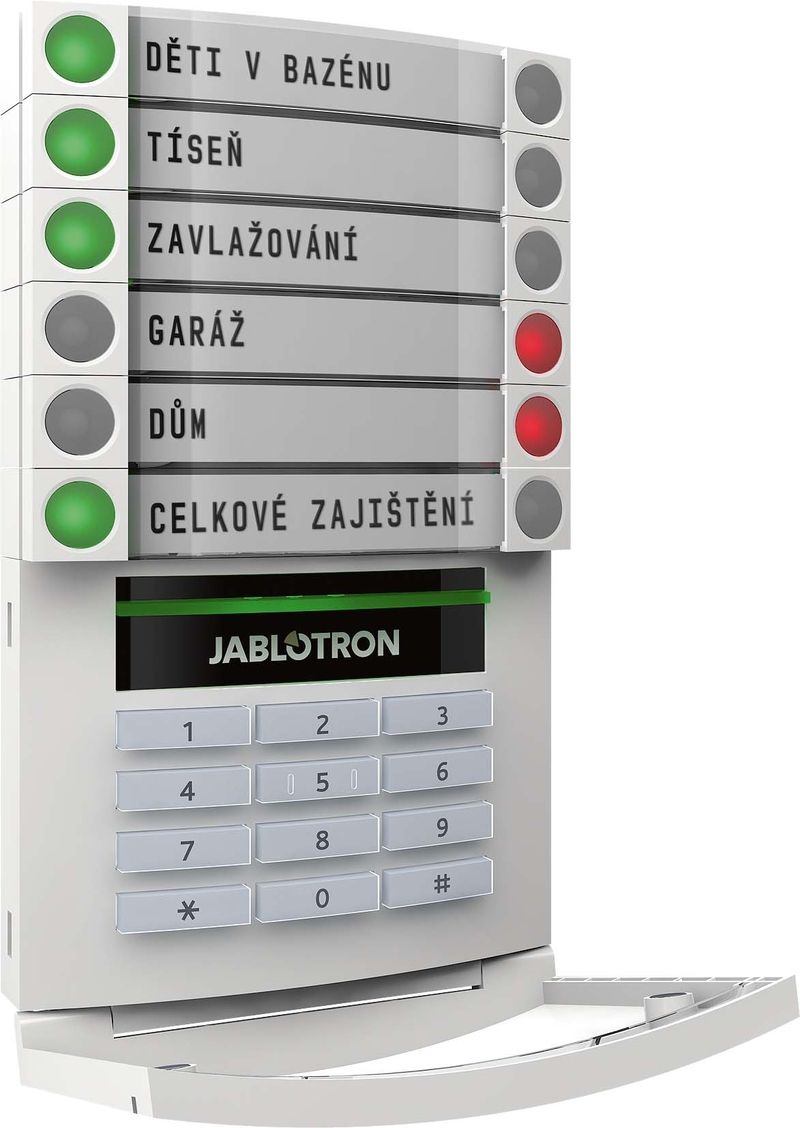 Ovládání nového systému Jablotron 100 je usnadněno ovládacími segmenty, které s jednoduchou logikou semaforu ovládají zajištění jednotlivých částí domu (mj. garáž, dílna, celý dům), výstupy, tísňová volání atd. 