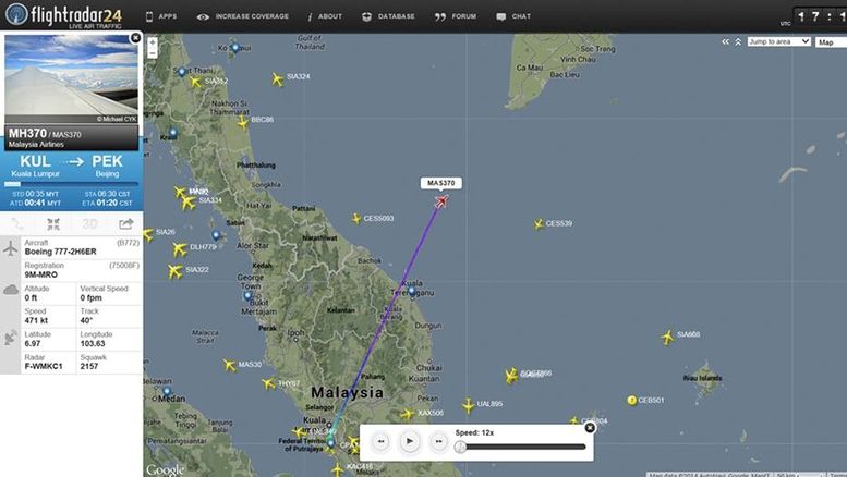 Trasa Boeingu 777-200 společnosti Malaysia Airlines, jak ji zaznamenal server flightradar24.com