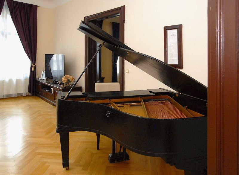 Decentně a zároveň velkoryse je zařízen obývací pokoj – hudební salon, kde nechybí ani klavír. 