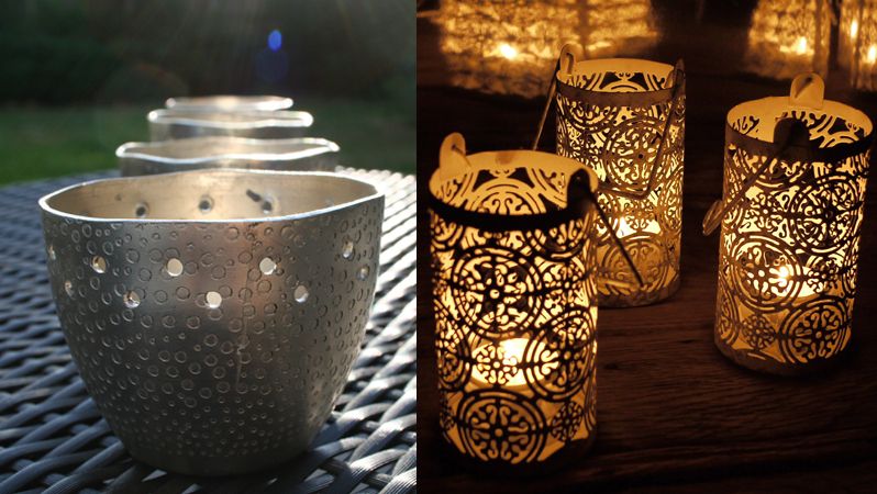 Zleva: svícen s marockým vzorem a lucerna Daya.
