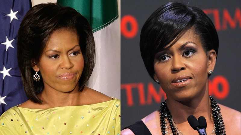Michelle Obamová změnila účes - vpravo na fotografii s novým modelem.