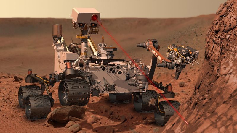 Malba ukazující vozítko Curiosity při práci