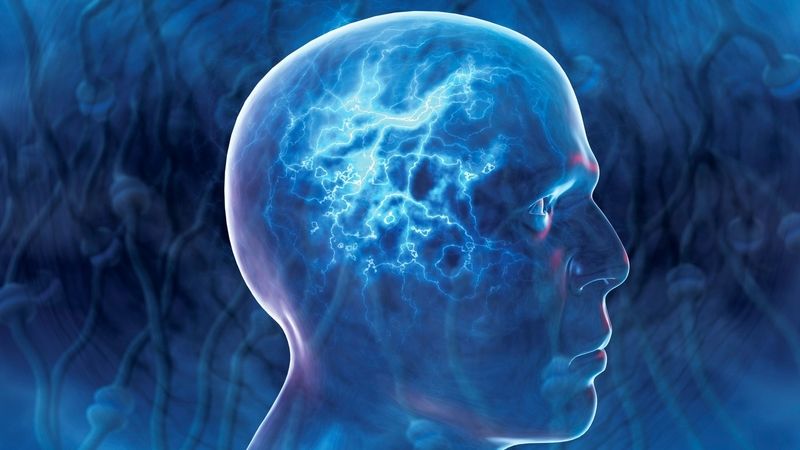Počítačově ztvárněná epilepsie. Blesky uvnitř lidské hlavy mají představovat epileptický záchvat.