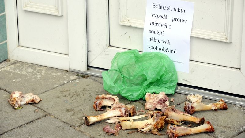 Hromádka vepřových kostí před vstupními dveřmi brněnské mešity.