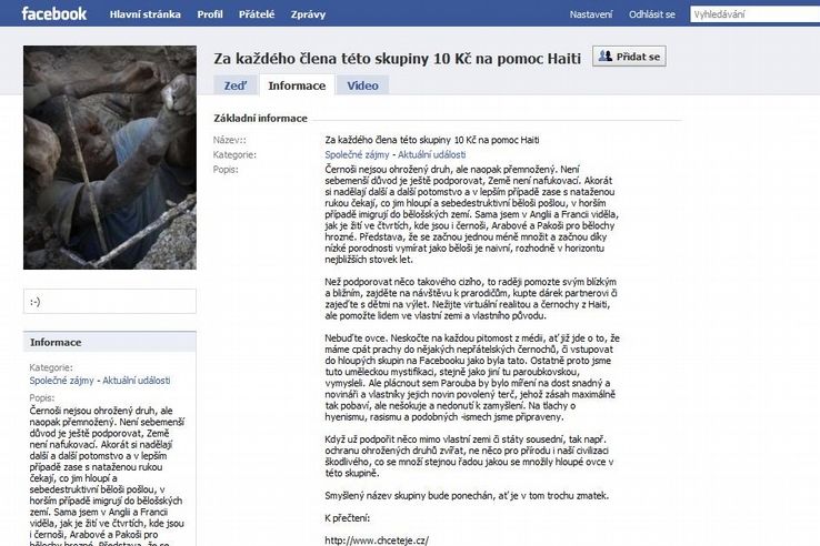 Stránka, která původně slibovala pomoc obětem zemětřesení na Haiti. 