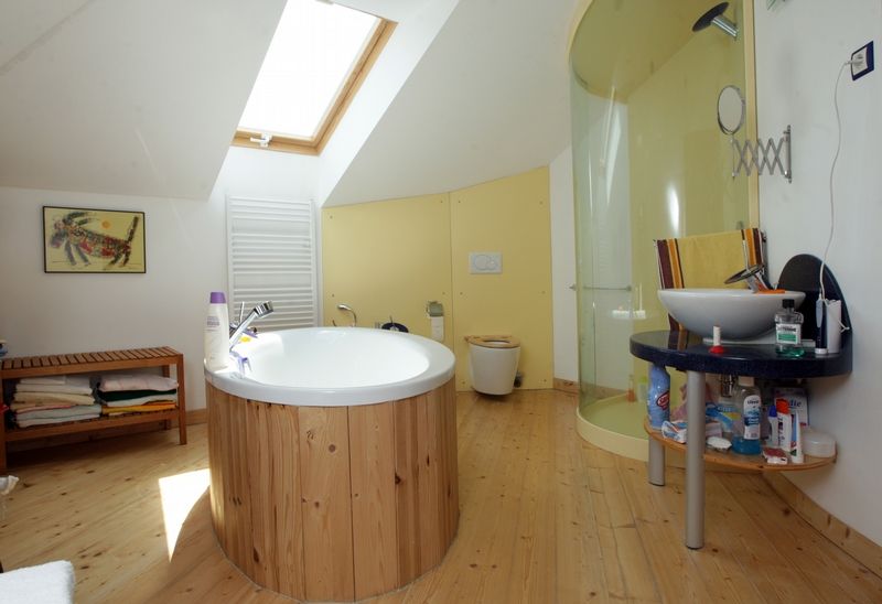 V koupelně se vyjímá akrylátová vana obložená dřevem, netradiční dřevěná smrková podlaha i laminátový obklad na zdech.