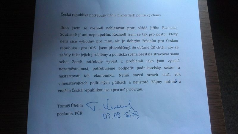 Prohlášení poslance ODS Tomáše Úlehly 