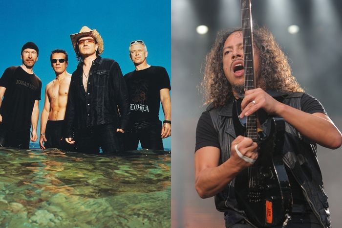 Kytarista Kirk Hammett z Metalliky (vpravo) a skupina U2. Všichni slibují nová alba.
