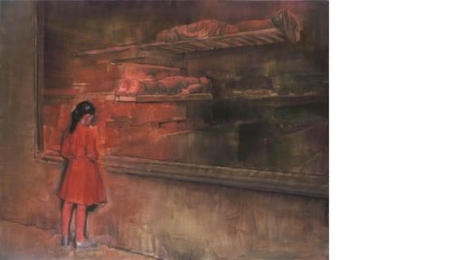 Attila Szűcs: Dívka v červeném (2012), k vidění na výstavě Nightfall – Soumrak / Nové tendence ve figurativní malbě v pražské Galerii Rudolfinum do 24. května. 