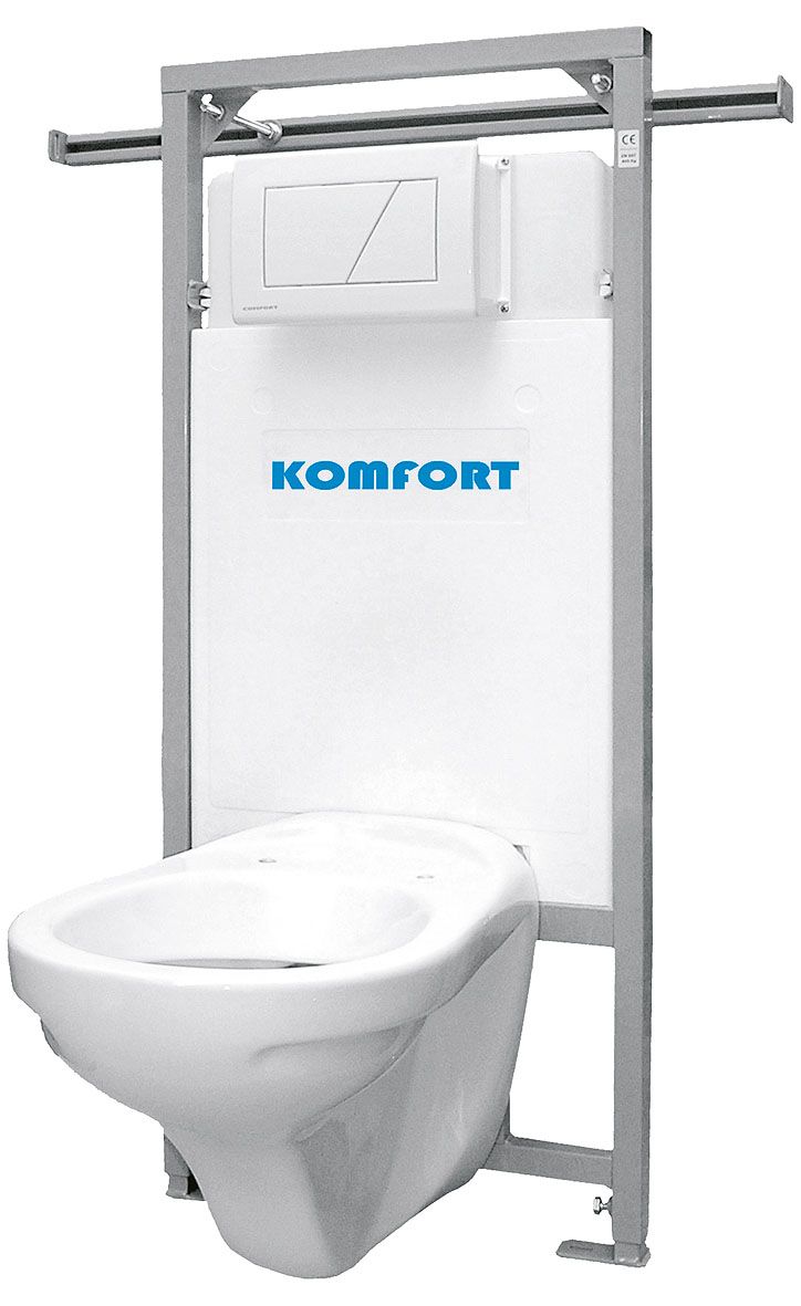 Instalační WC modul se samonosným rámem do sádrokartonu, výškově nastavitelný, jednoduchá montáž. Splachování dvěma objemy vody (3/6 litrů), cena 3299 Kč.