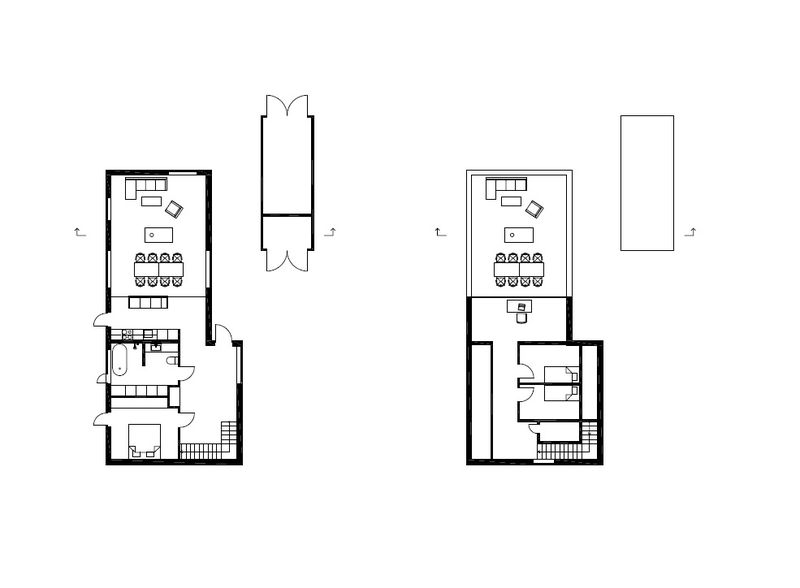 Plán dispozice domu. Vlevo je přízemí, vpravo první patro.