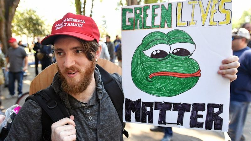Žabák Pepe na demonstraci alt-right hnutí v kalifornském Berkeley, duben 2017