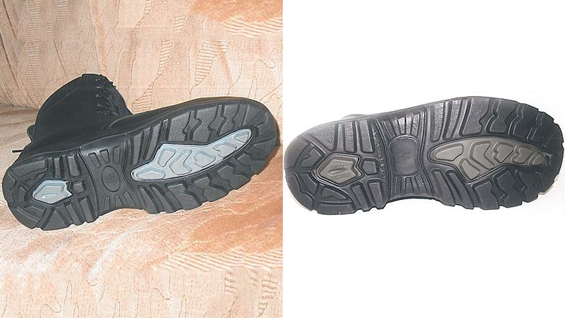Srovnání podešví: vlevo bota firmy Blažek, vpravo bota Leopard firmy Prabos 
