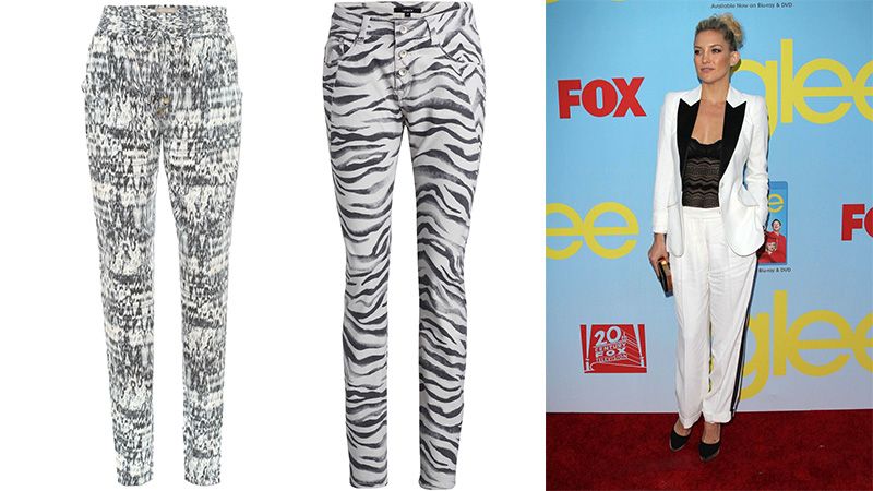 Styl herečky Kate Hudsonové: Kalhoty s estahovací gumou v pase, Orsay 699 Kč. Zebří kalhoty se zapínáním, Lindex 799 Kč.