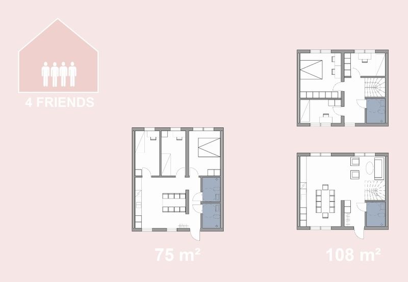 Navrhovaná uspořádní domů určených pro čtveřici přátel.