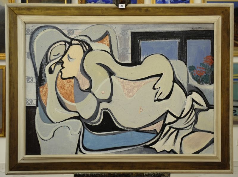 Emil Filla, Ležící žena, obraz dražený nedávno v pražské Galerii Kodl. Podobná díla označoval Zamoškin za typicky český formalismus. 