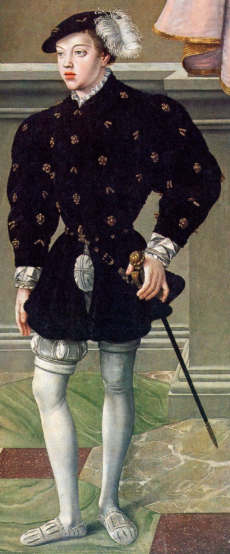 Maxmilián II. v kabátci vystřiženém pro krytí na obraze Jacoba Seiseneggera. 